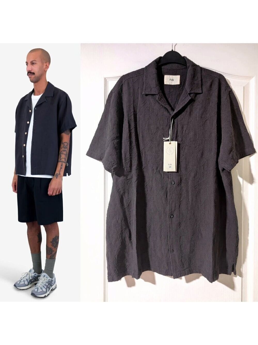 Folk | Cornelli Short Sleeve Floral Embroidered Shirt In Washed Black